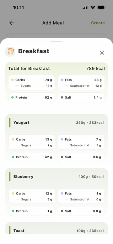 Eatper nutrition details showing protein, carbohydrates, fat, and other nutrients for a selected food