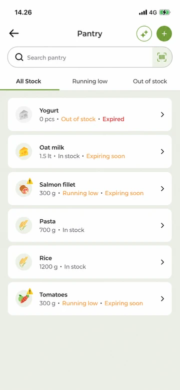 Eatper pantry showing food amounts, stock status, and expiry dates