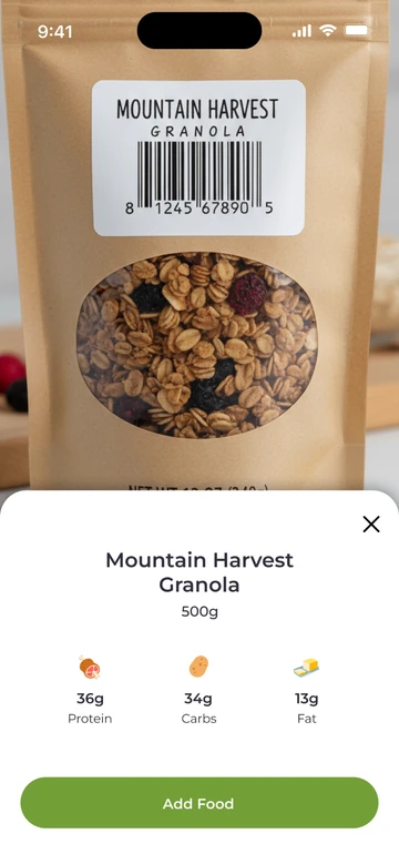 Eatper barcode scanner showing nutrition information for a granola product