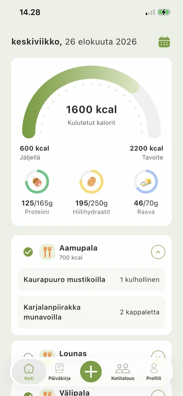Eatperin etusivu, jossa näkyvät kalorit, makrotavoitteet ja päivän ateriat