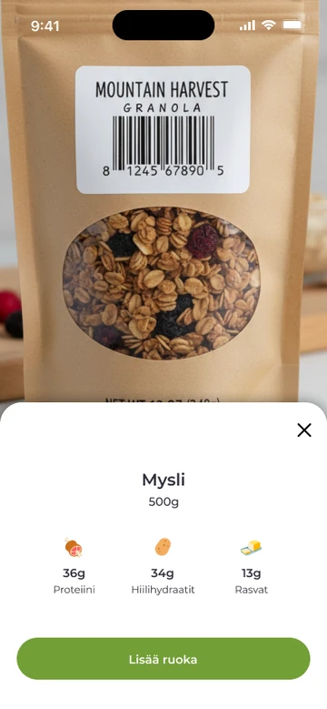 Eatperin viivakoodinlukija, jossa näkyvät granolatuotteen ravintotiedot
