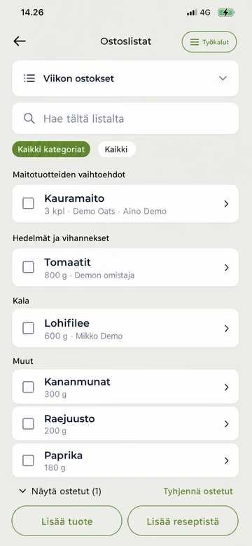 Eatperin ostoslista, jossa näkyvät tuotteet, määrät ja valintaruudut kauppareissua varten